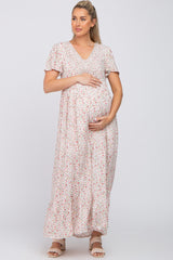 Ivory Floral Smocked Front Ruffle Hem Maternity Maxi Dress