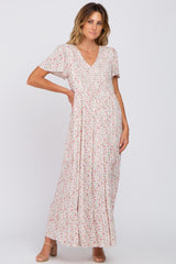 Ivory Floral Smocked Front Ruffle Hem Maxi Dress