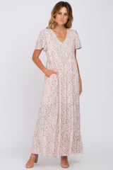 Ivory Floral Smocked Front Ruffle Hem Maxi Dress