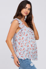 Light Blue Floral Ruffle Strap Maternity Blouse