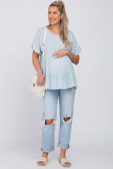 Light Blue Floral Ruffle Short Sleeve Tiered Maternity Top