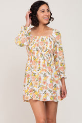 Ivory Floral Square Neck Smocked Maternity Mini Dress