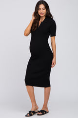 Black Ribbed Fitted Collared Maternity Dress