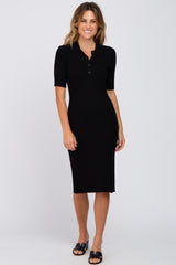 Black Ribbed Fitted Collared Dress