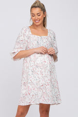 Ivory Floral Square Neck 3/4 Ruffle Sleeve Maternity Dress