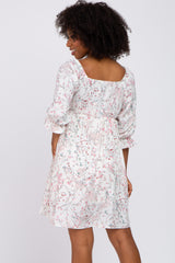 Ivory Floral Square Neck 3/4 Ruffle Sleeve Dress