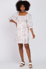 Ivory Floral Square Neck 3/4 Ruffle Sleeve Dress