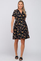 Black Floral Ruffle Wrap Front Short Sleeve Maternity Dress