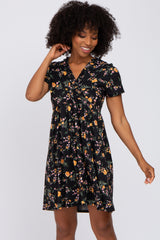 Black Floral Ruffle Wrap Front Short Sleeve Dress