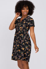 Black Floral Ruffle Wrap Front Short Sleeve Dress