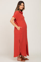 Rust Button Down Maternity Midi Dress