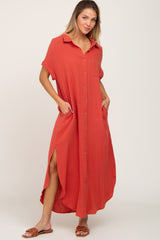 Rust Button Down Maternity Midi Dress