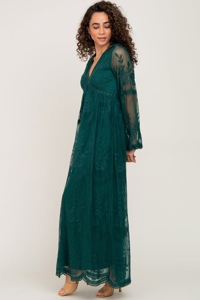 PinkBlush Forest Green Lace Mesh Overlay Long Sleeve Maxi Dress