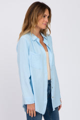 Light Blue Frayed Hem Button Down Top