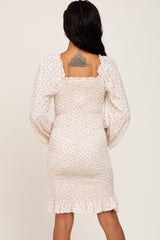 Cream Floral Sweetheart Neck Smocked Long Sleeve Dress