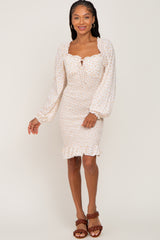 Cream Floral Sweetheart Neck Smocked Long Sleeve Dress