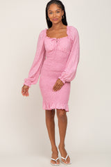 Pink Floral Sweetheart Neck Smocked Long Sleeve Dress