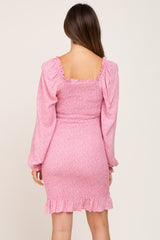 Pink Floral Sweetheart Neck Smocked Long Sleeve Maternity Dress