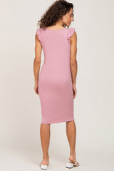 Dusty Pink Flounce Sleeve Ribbed Dress