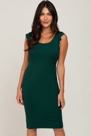 Forest Green Flounce Sleeve Ribbed Dress