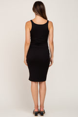 Black Ribbed Button Accent Maternity Midi Dress