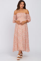 Mauve Floral Chiffon Smocked Off Shoulder Maternity Midi Dress