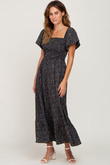 Black Floral Smocked Maternity Maxi Dress