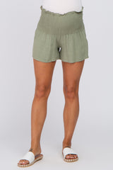 Olive Smocked High Waist Maternity Shorts