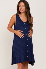 Navy Blue Ribbed Button Front Accent Maternity Dress