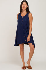 Navy Blue Ribbed Button Front Accent Dress