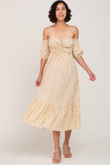 Camel Gingham Sweetheart Neck Front Tie Off Shoulder Maternity Midi Dress