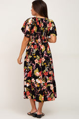 Black Floral Smocked V-Neck Maternity Midi Dress