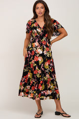 Black Floral Smocked V-Neck Maternity Midi Dress