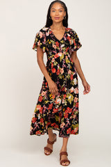 Black Floral Smocked V-Neck Maternity Midi Dress