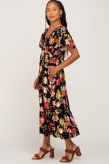 Black Floral Smocked V-Neck Midi Dress