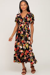 Black Floral Smocked V-Neck Midi Dress