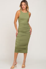 Olive Ruched Fitted Maternity Midi Dress