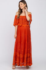 Rust Overlay Off Shoulder Maternity Maxi Dress