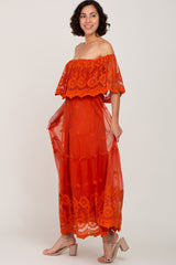 Rust Overlay Off Shoulder Maxi Dress