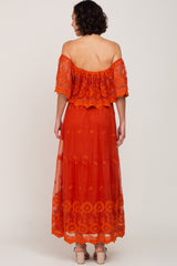 Rust Overlay Off Shoulder Maxi Dress