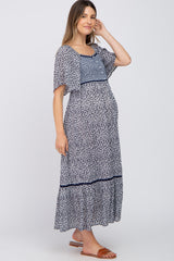 Navy Blue Floral Square Neck Smocked Button Front Maternity Midi Dress