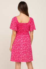 Fuchsia Floral Square Neck Smocked Maternity Dress