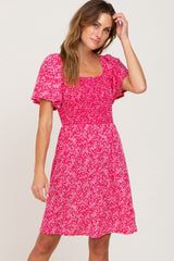 Fuchsia Floral Square Neck Smocked Dress