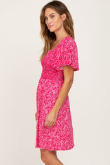 Fuchsia Floral Square Neck Smocked Dress