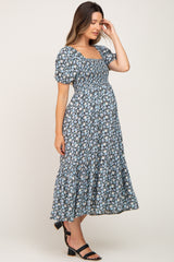 Black Floral Smocked Puff Sleeve Maternity Midi Dress