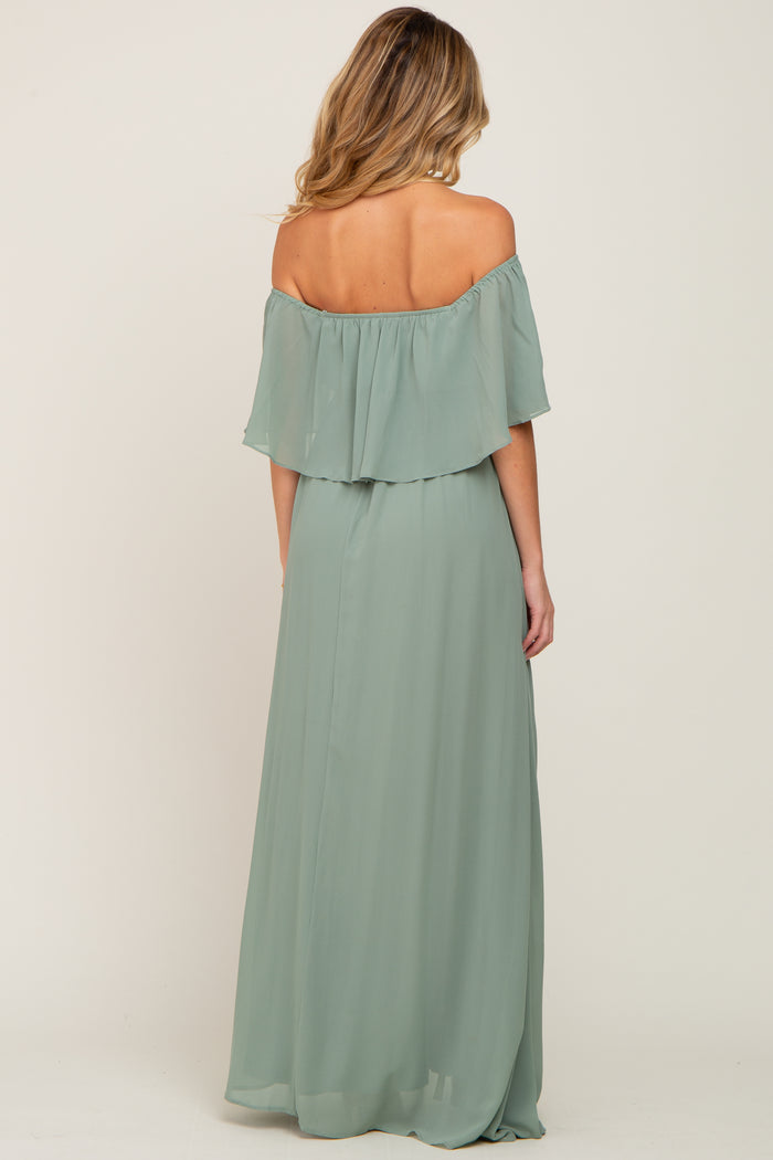 Light Olive Chiffon Off Shoulder Maternity Maxi Dress