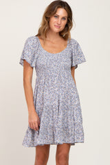 Blue Smocked Flounce Sleeve Maternity Dress