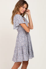 Blue Smocked Flounce Sleeve Dress