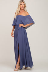 Blue Chiffon Off Shoulder Maxi Dress