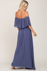 Blue Chiffon Off Shoulder Maxi Dress